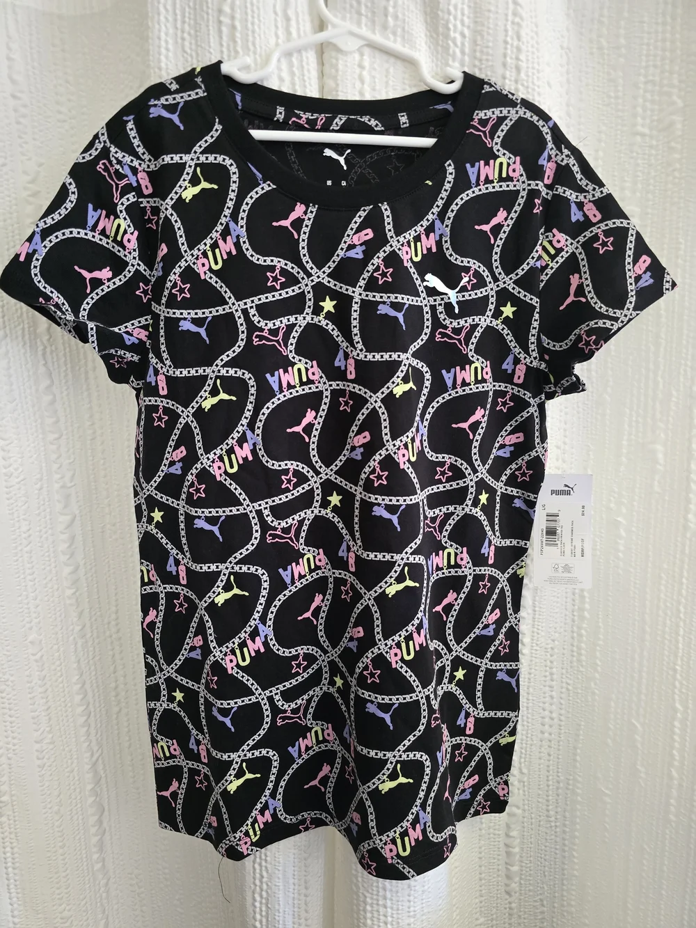 Girls Large Puma Black Short Sleeve Top with Pink, Blue & Yellow Accents